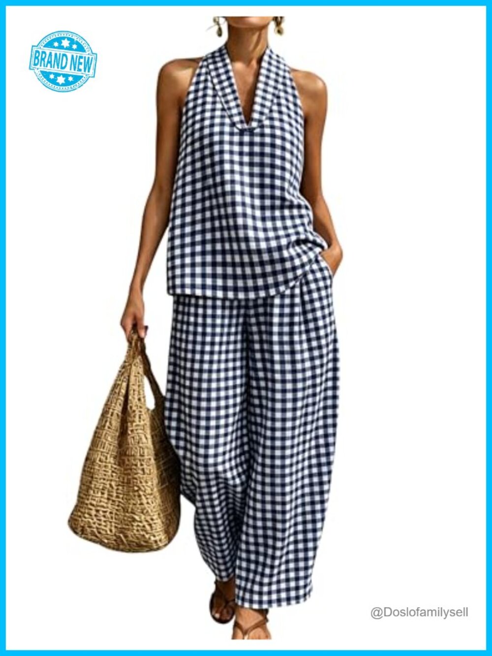Womens 100% Cotton Gingham 2 Piece Lounge Set Halter Tank & Pants with Pockets